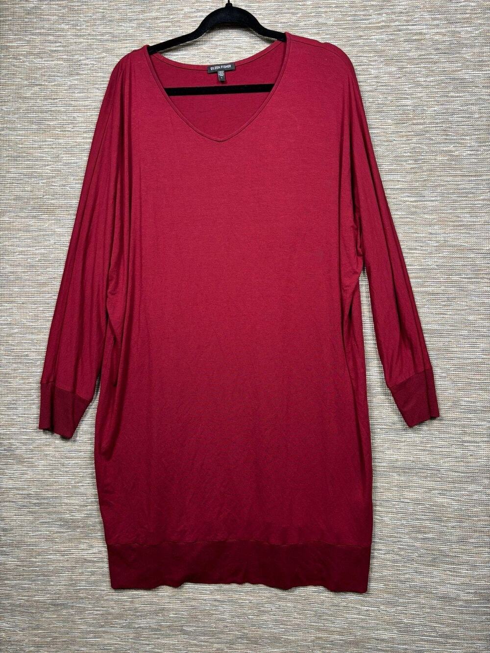 Eileen Fisher Sweater Dress Womens L Red Rayon Blend Dolman Sleeve V Neck Knit
